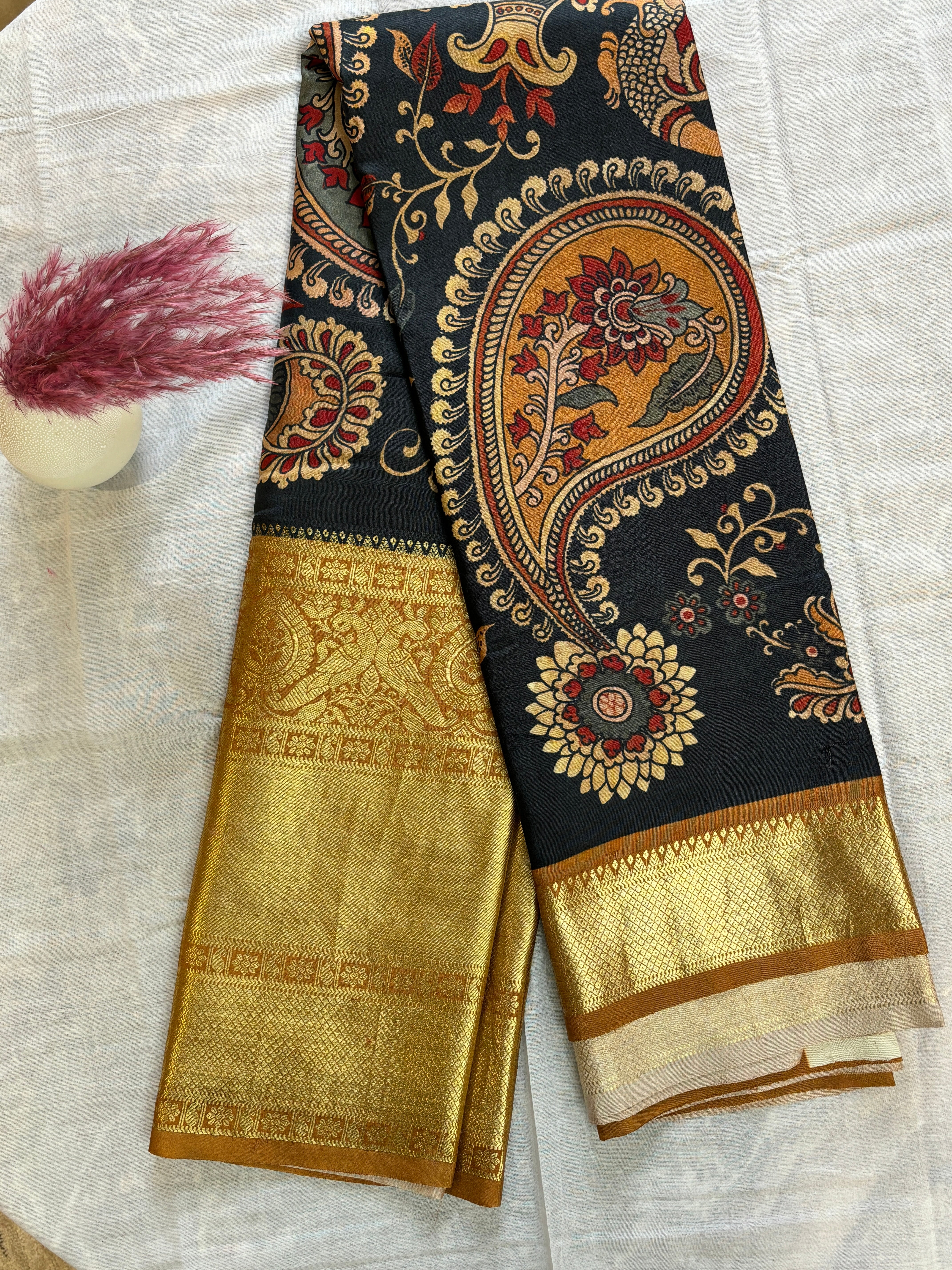 Digital Kalamkari printed dharmawaram border pure silk saree
