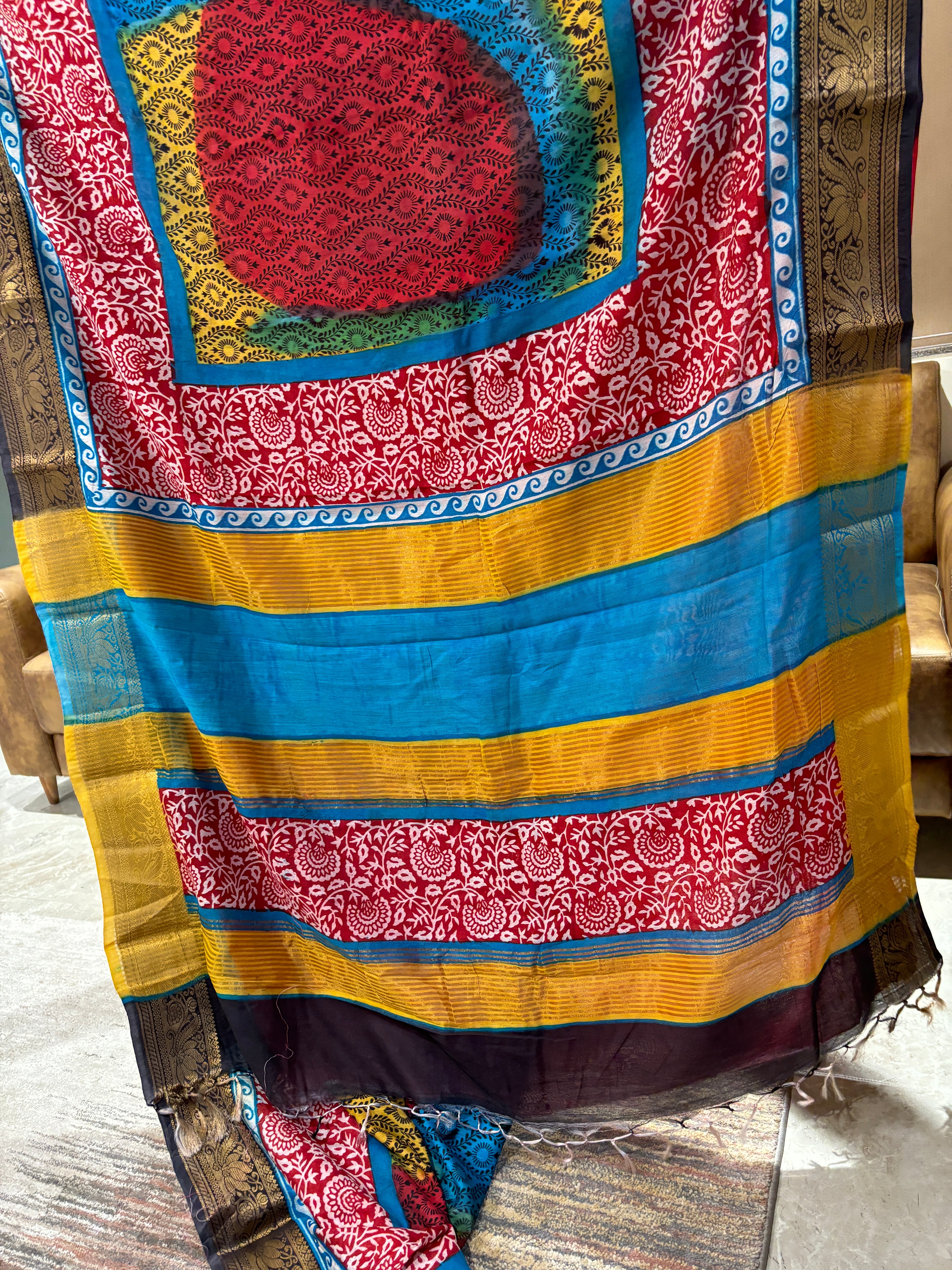 Chanderi cotton block printed multicoloured saree
