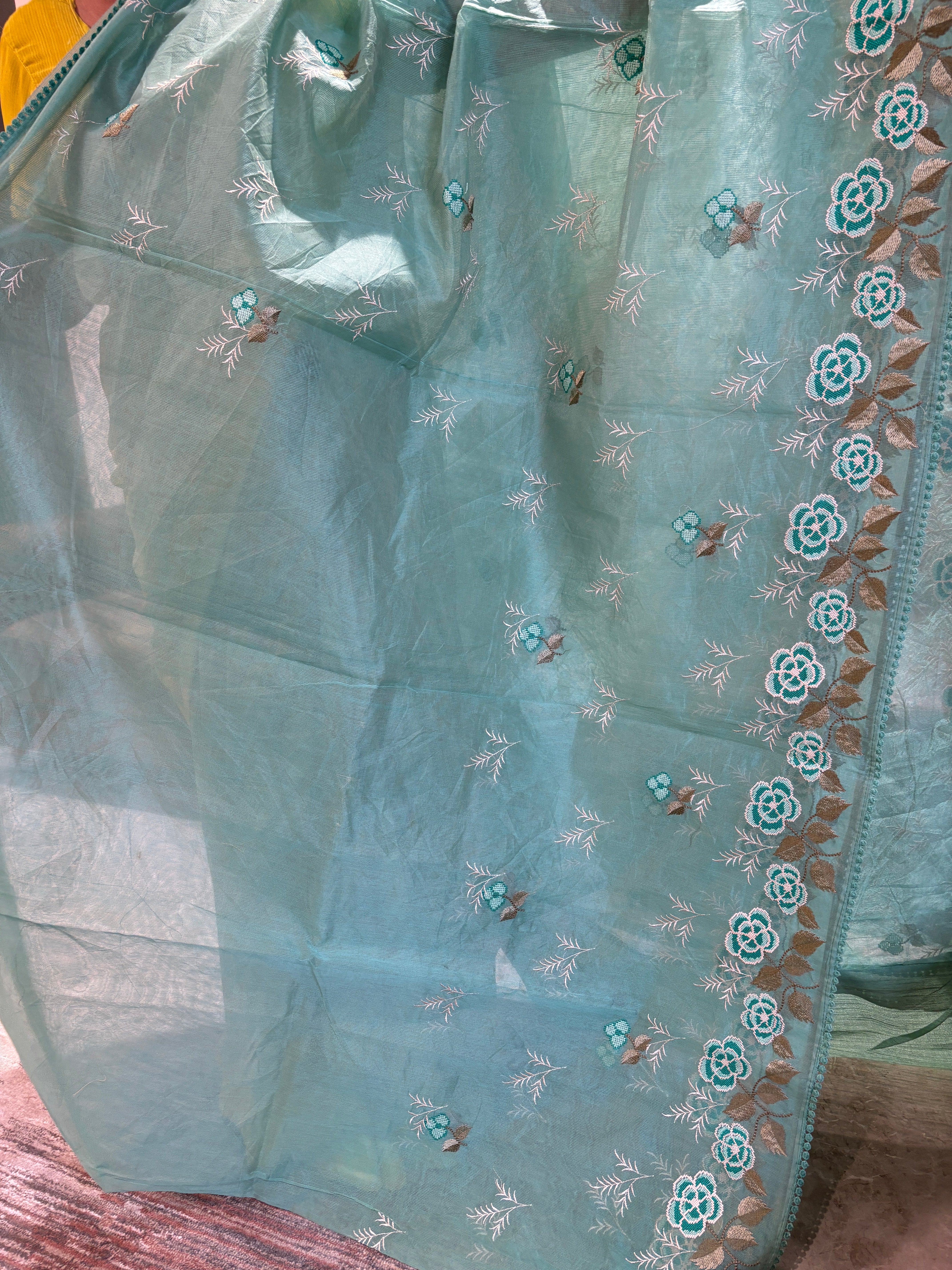 Pista green floral border embroidery Supernet saree