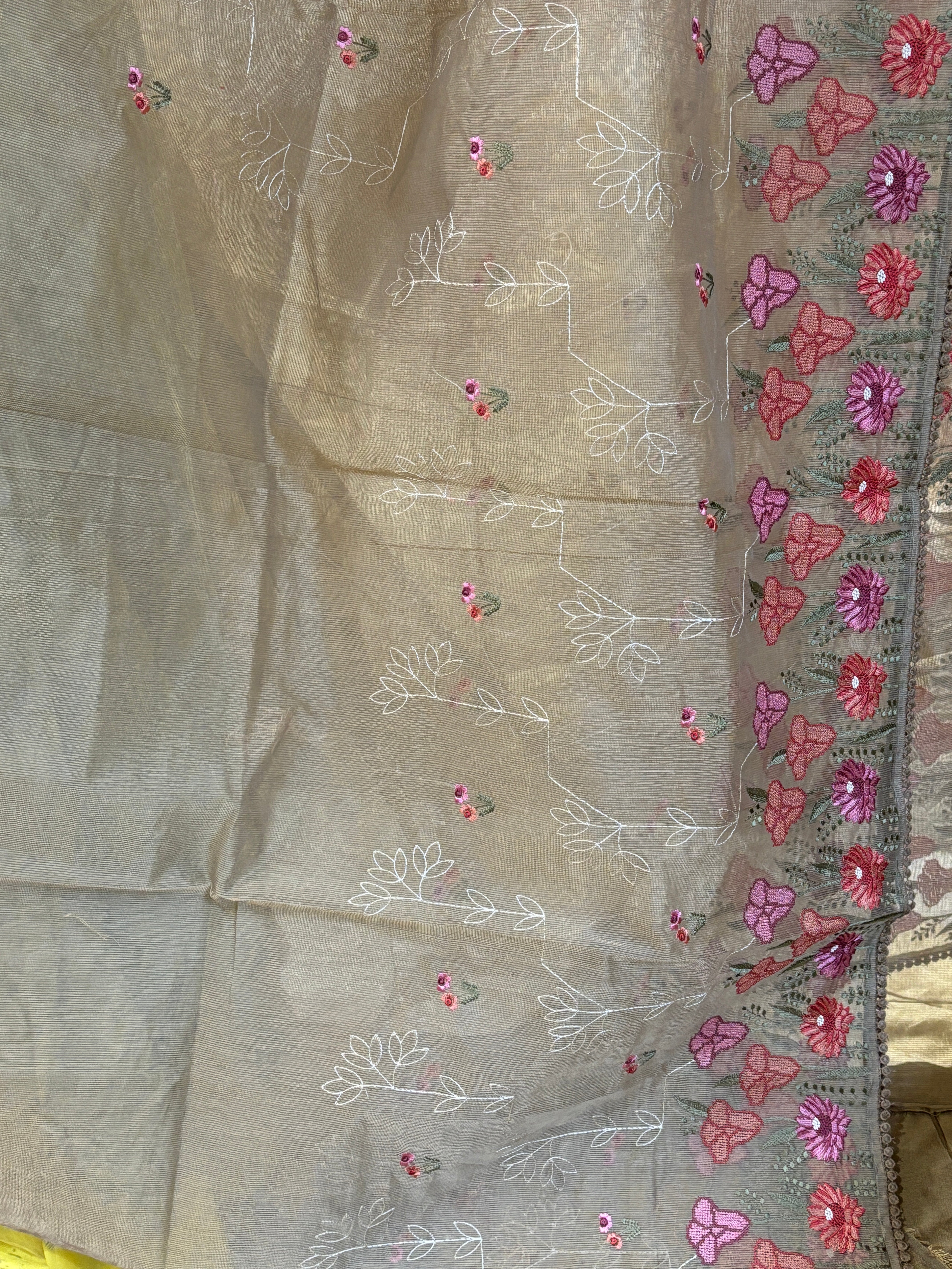 Tulip flower embroidery supernet saree .