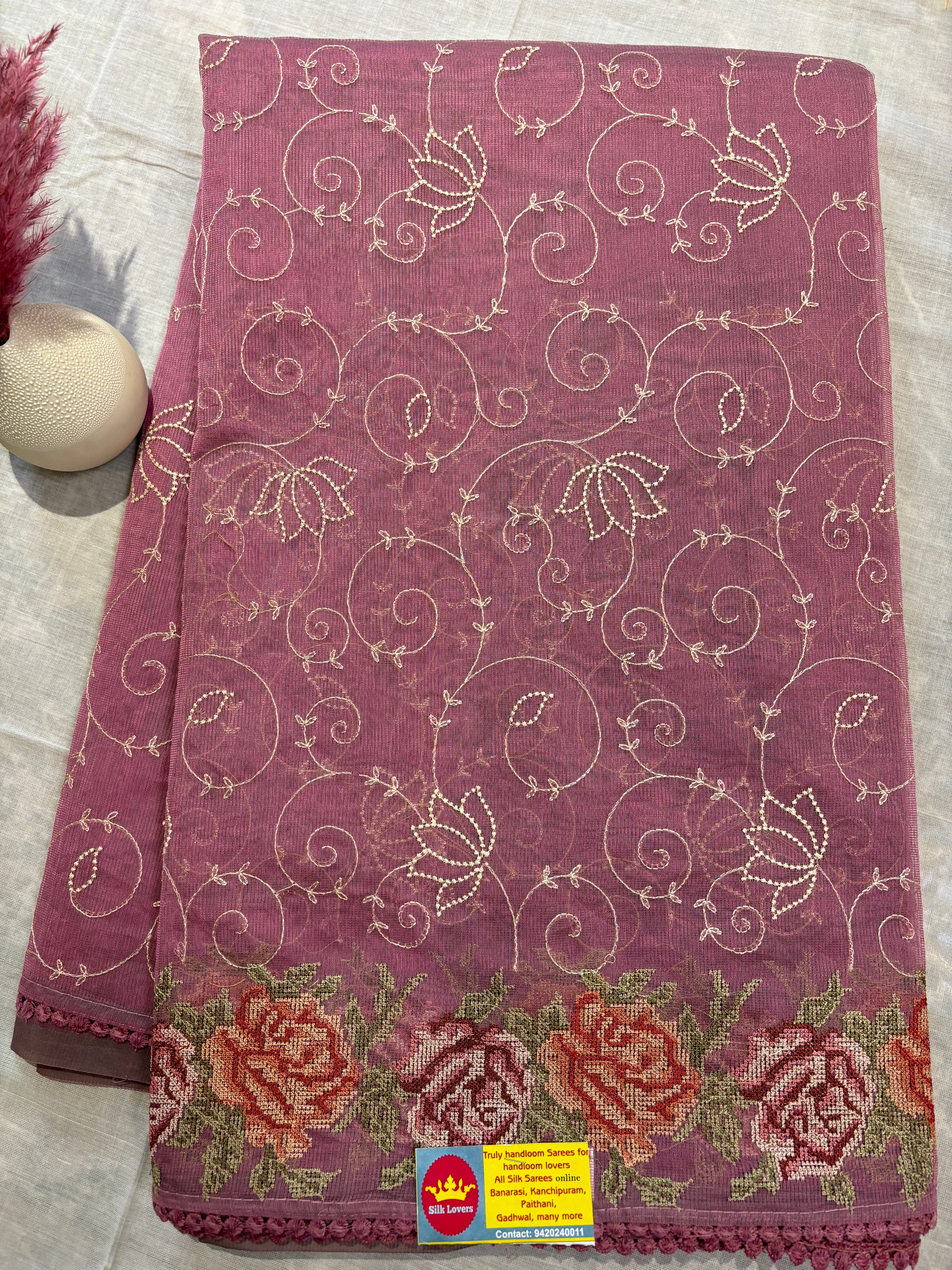 Lotus embroidery jaal supernet saree