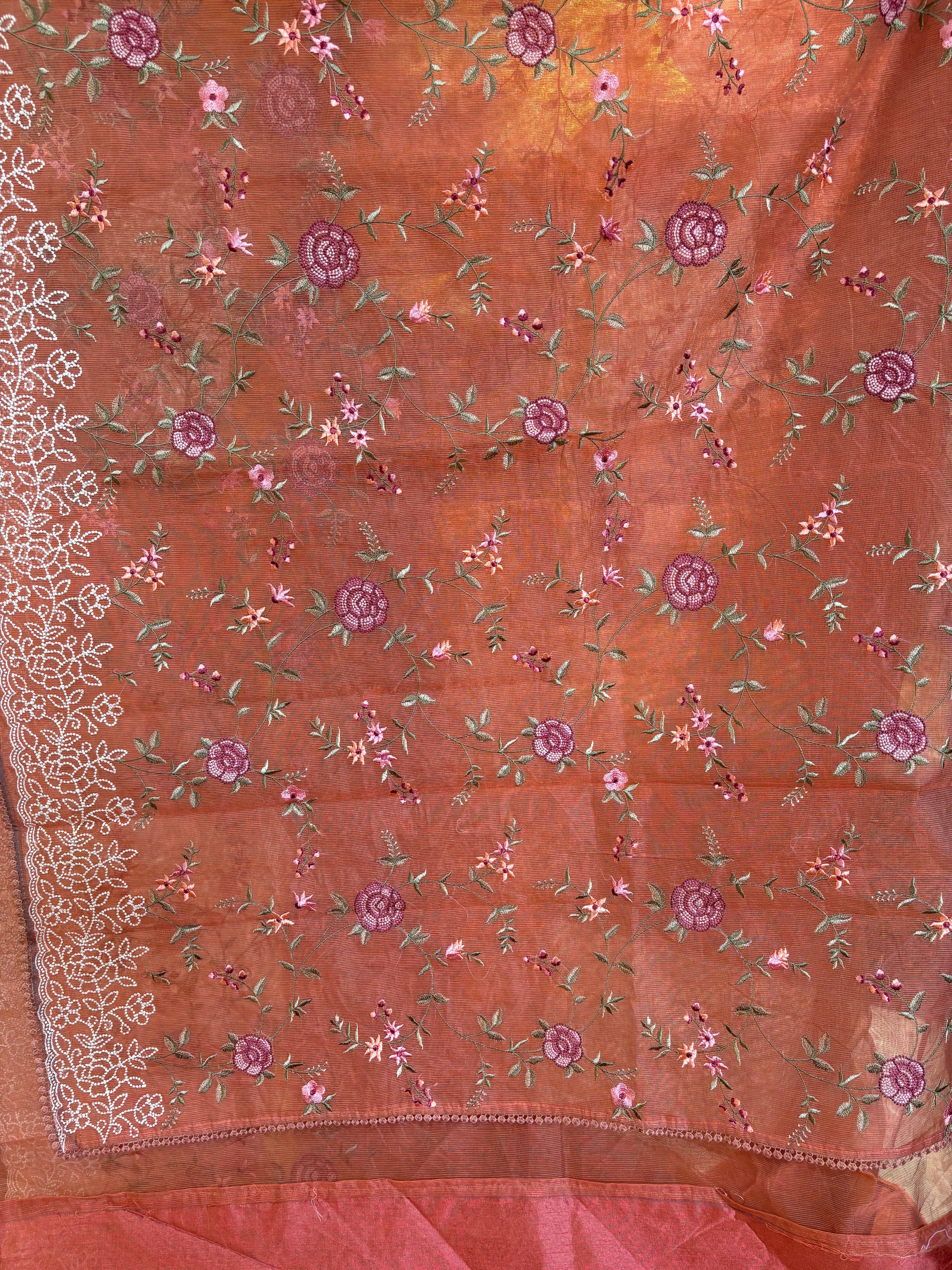 Floral embroidered rust Supernet saree