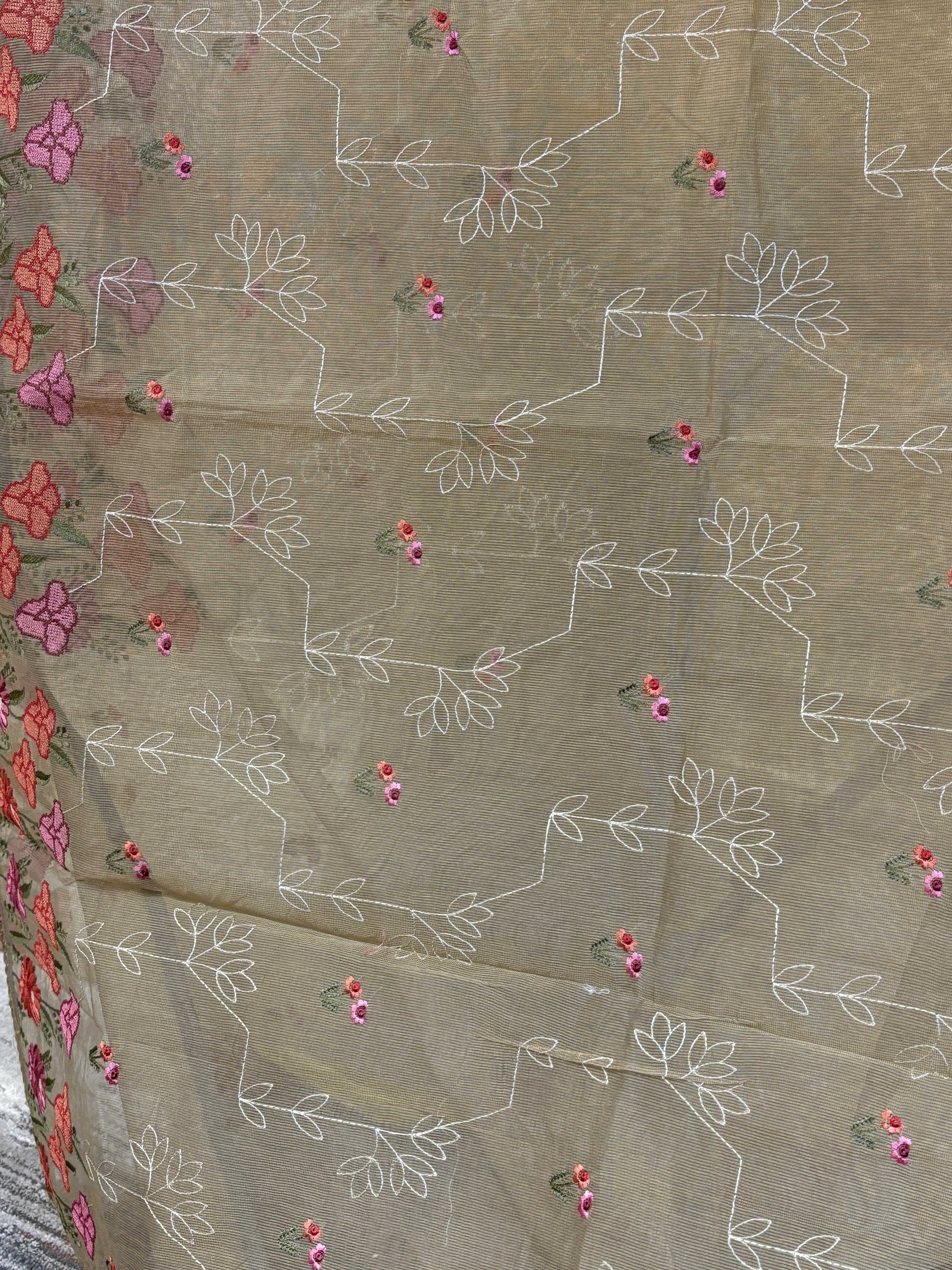 Tulip flower embroidery supernet saree .
