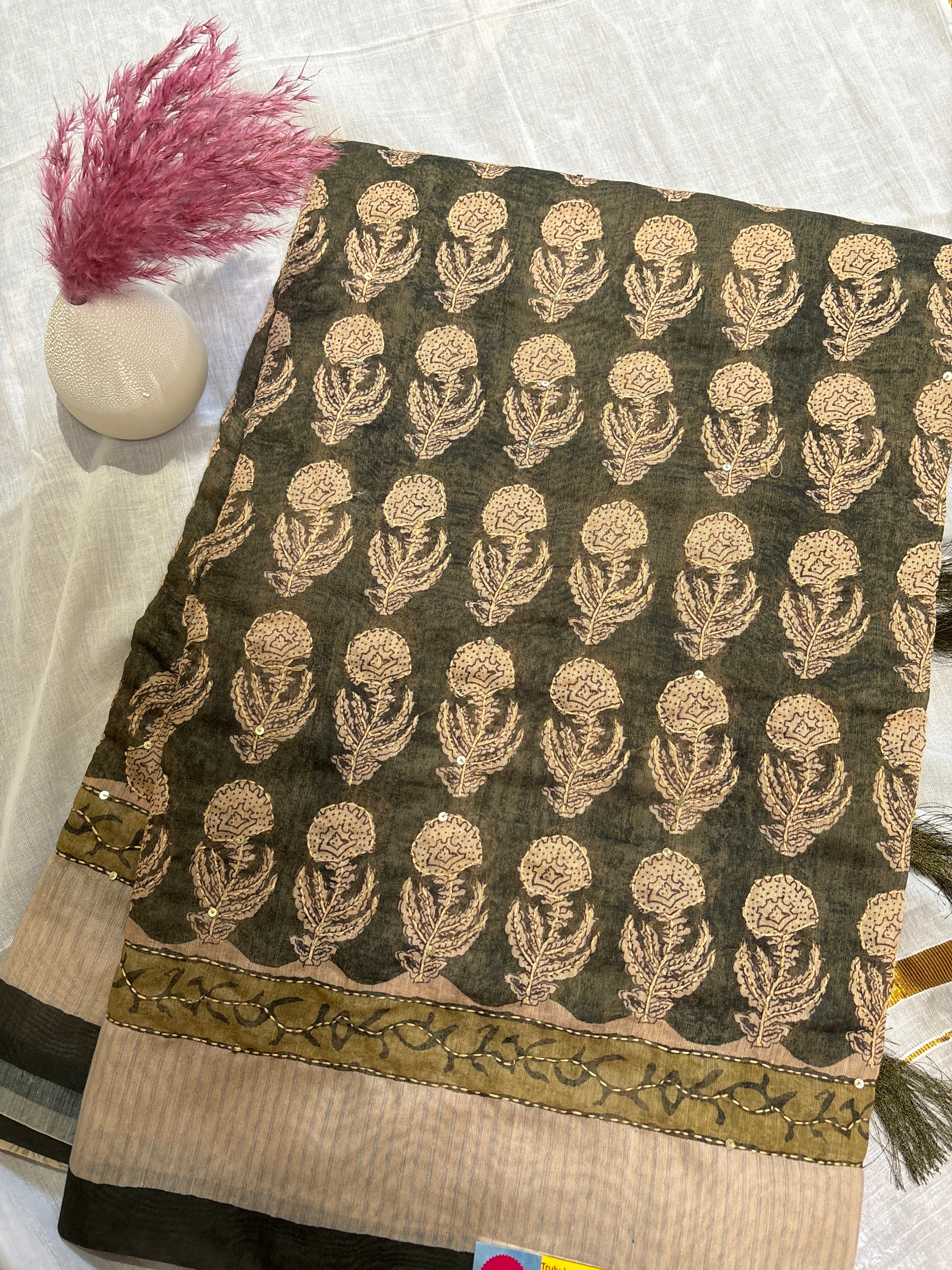 Cotton Kantha work saree