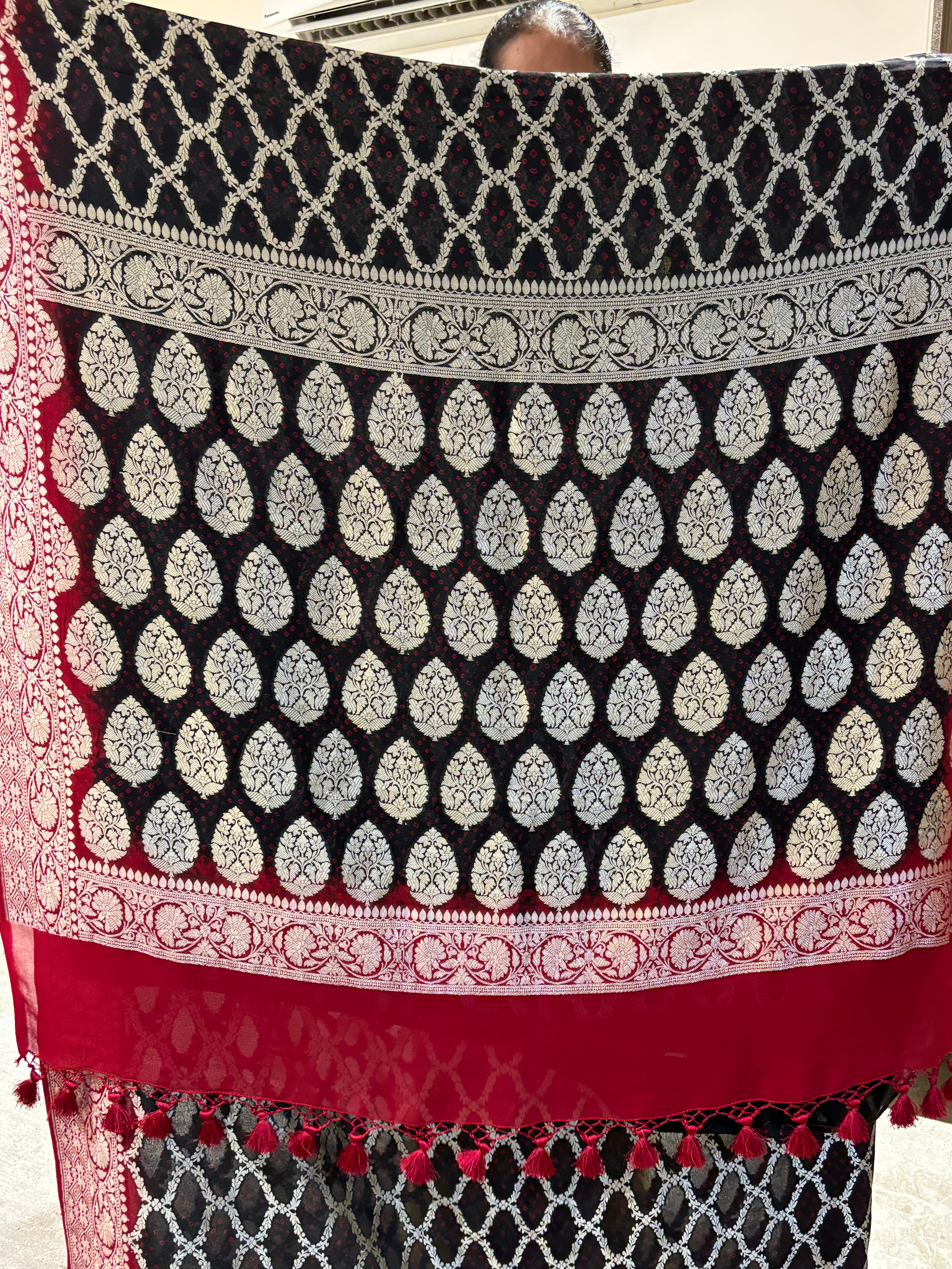 Pure khaddi georget black and maroon saree
