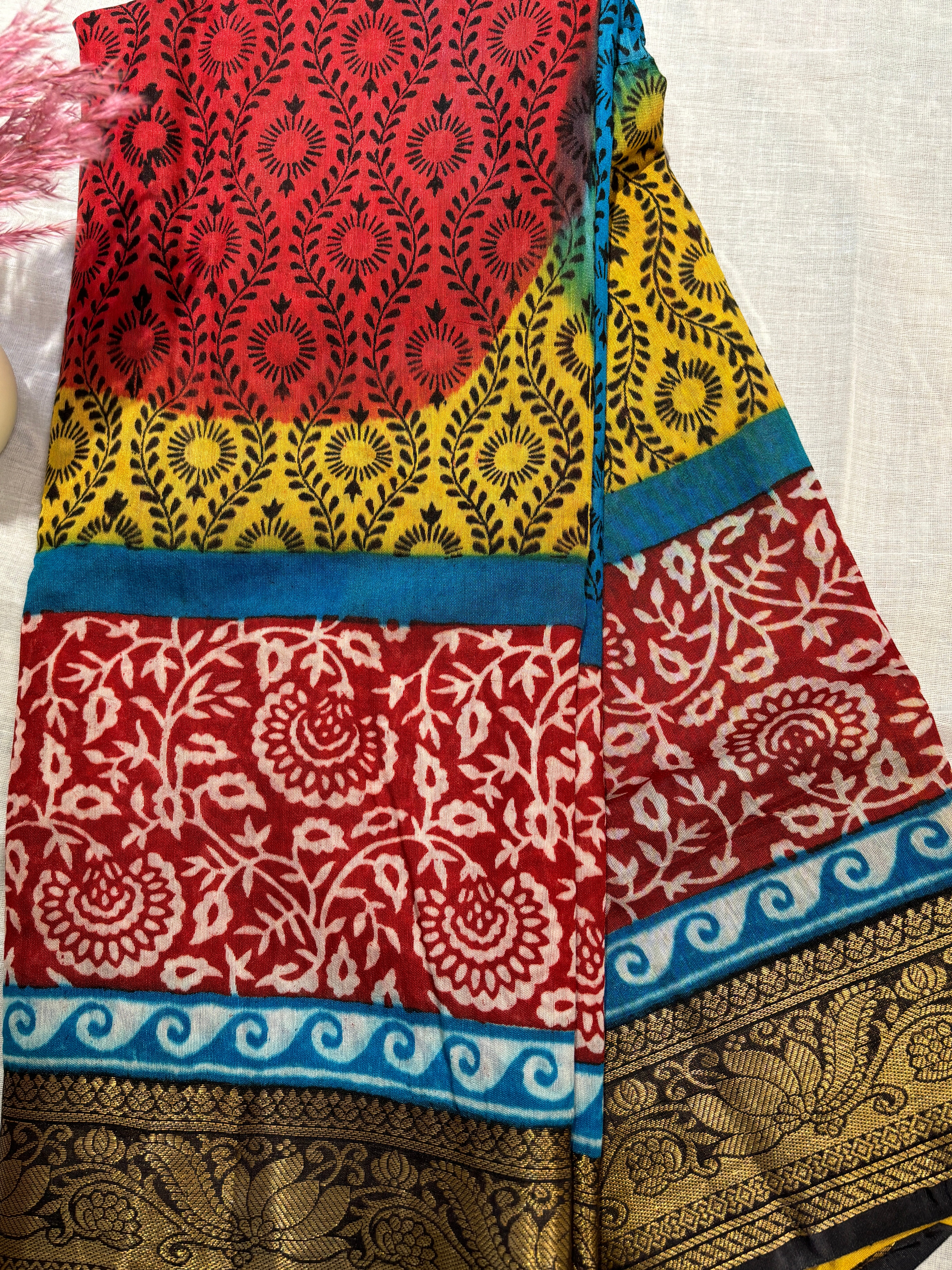 Chanderi cotton block printed multicoloured saree