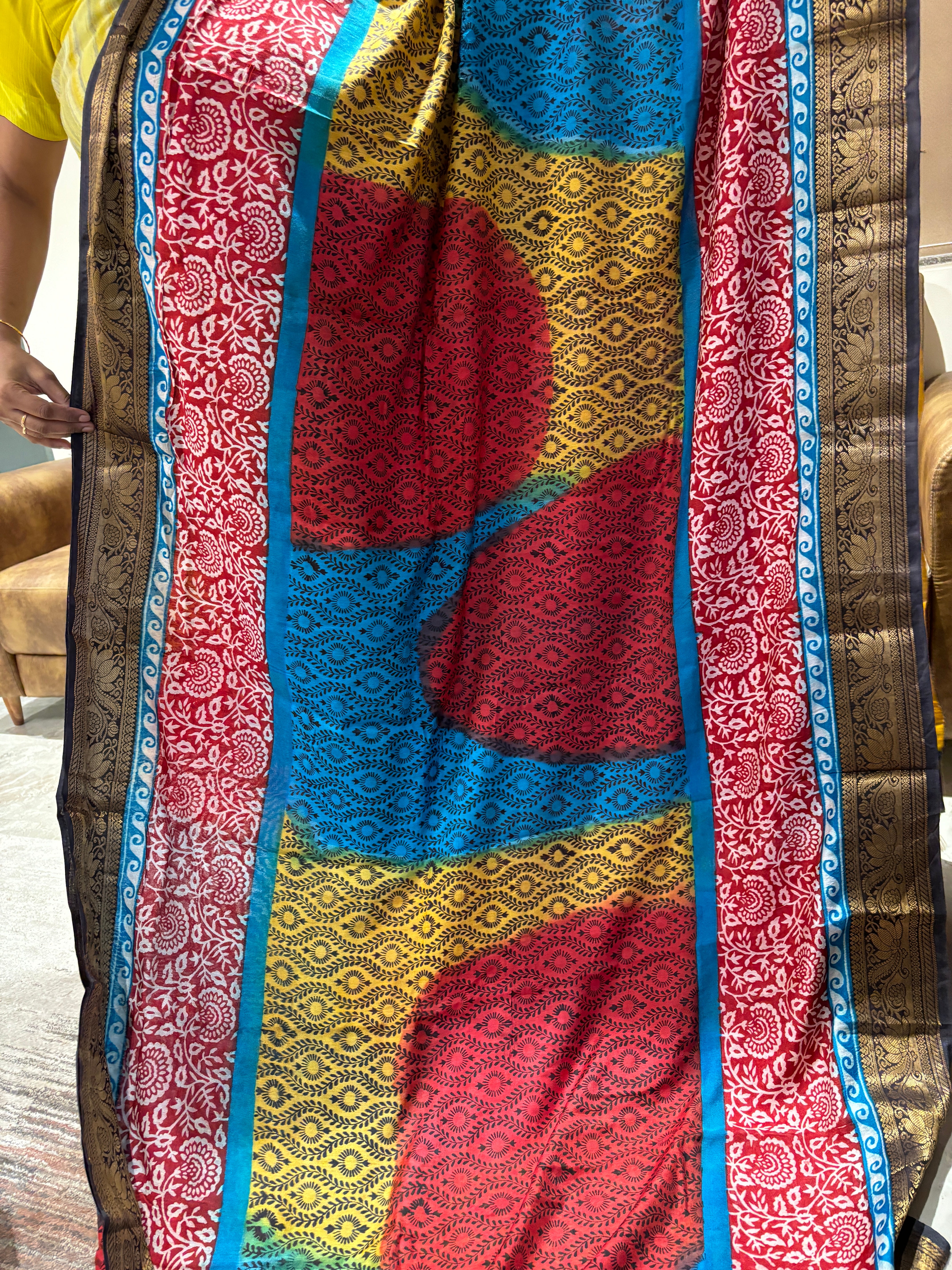 Chanderi cotton block printed multicoloured saree