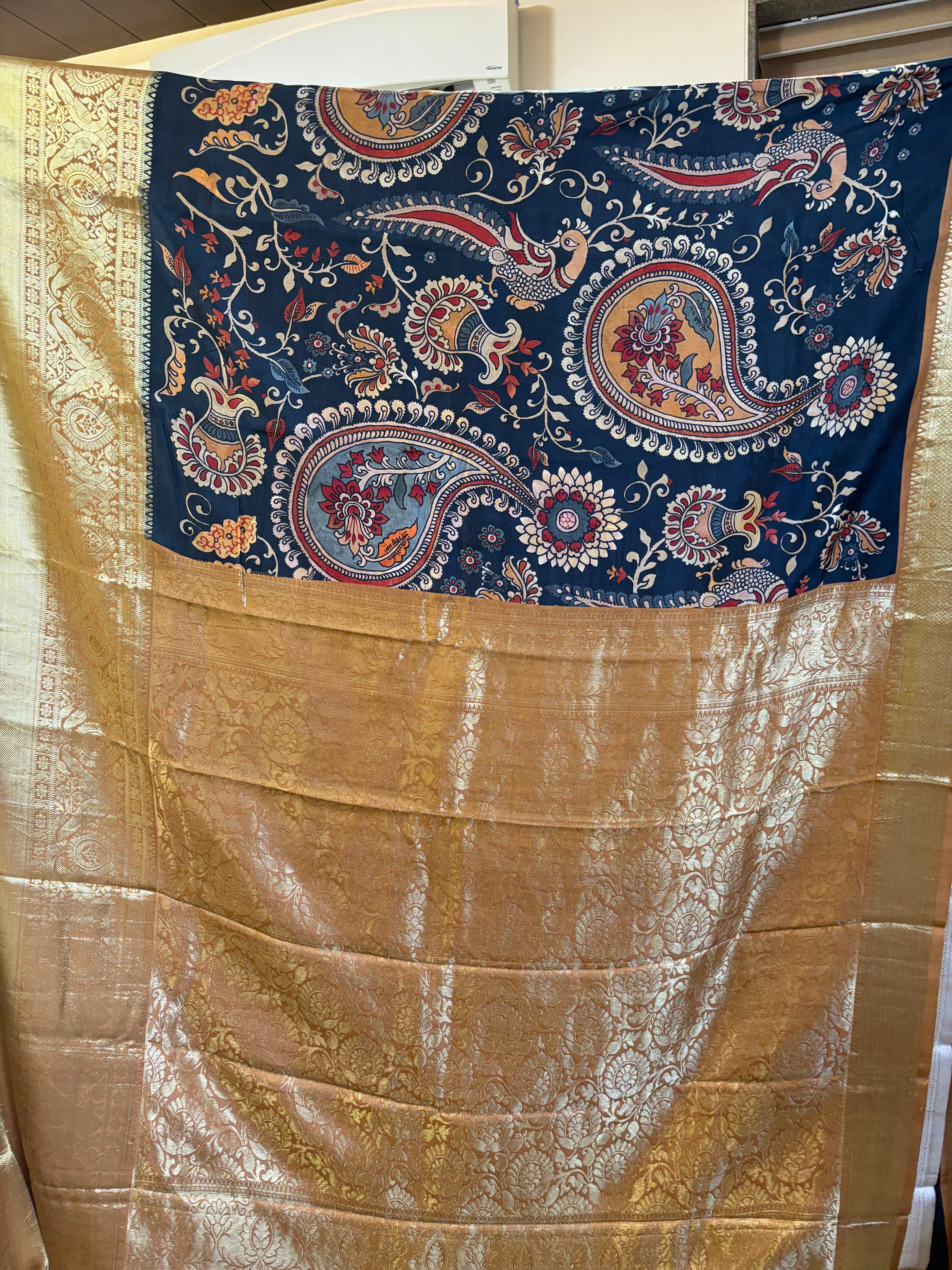 Digital Kalamkari printed dharmawaram border pure silk saree