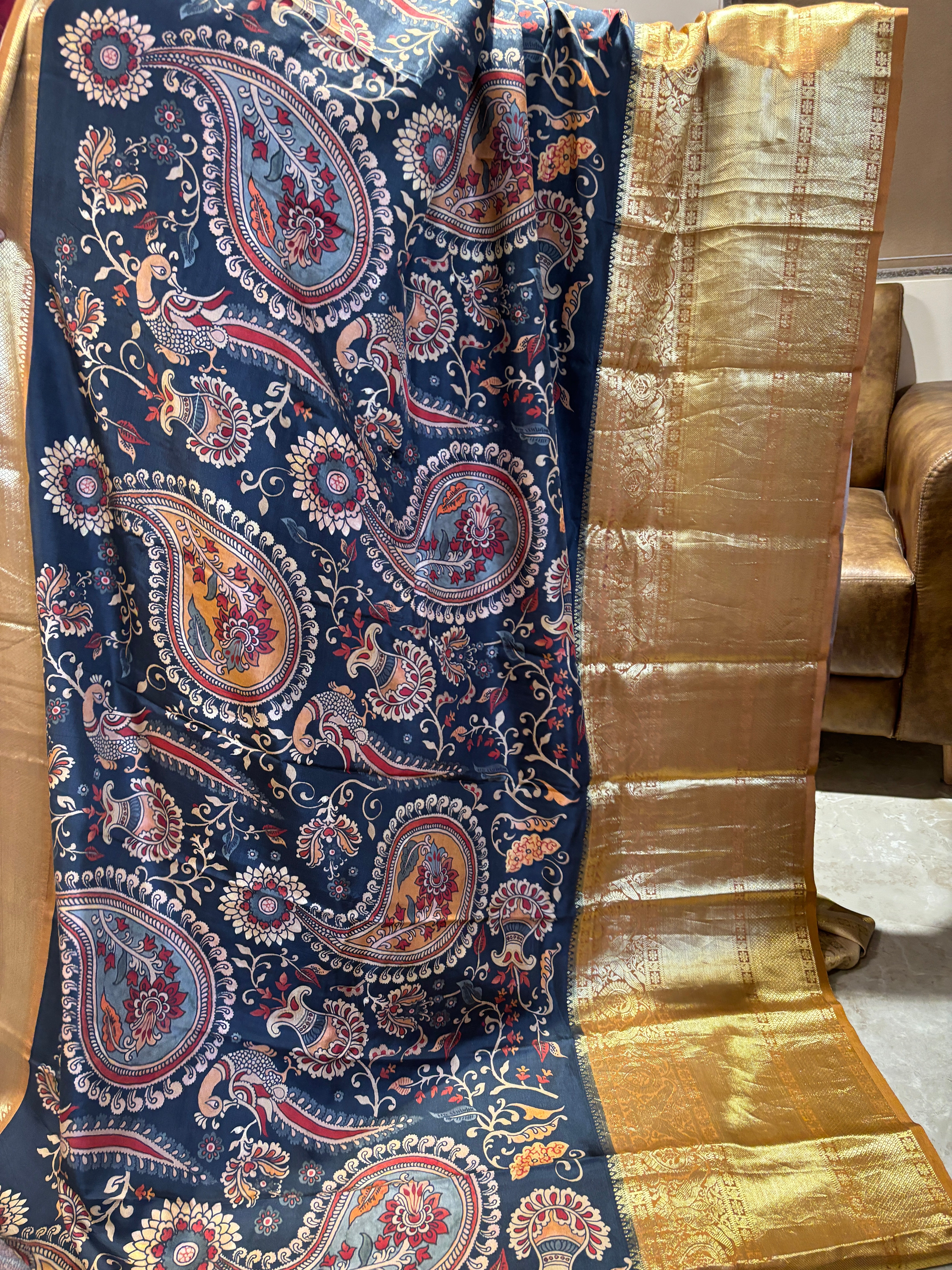 Digital Kalamkari printed dharmawaram border pure silk saree