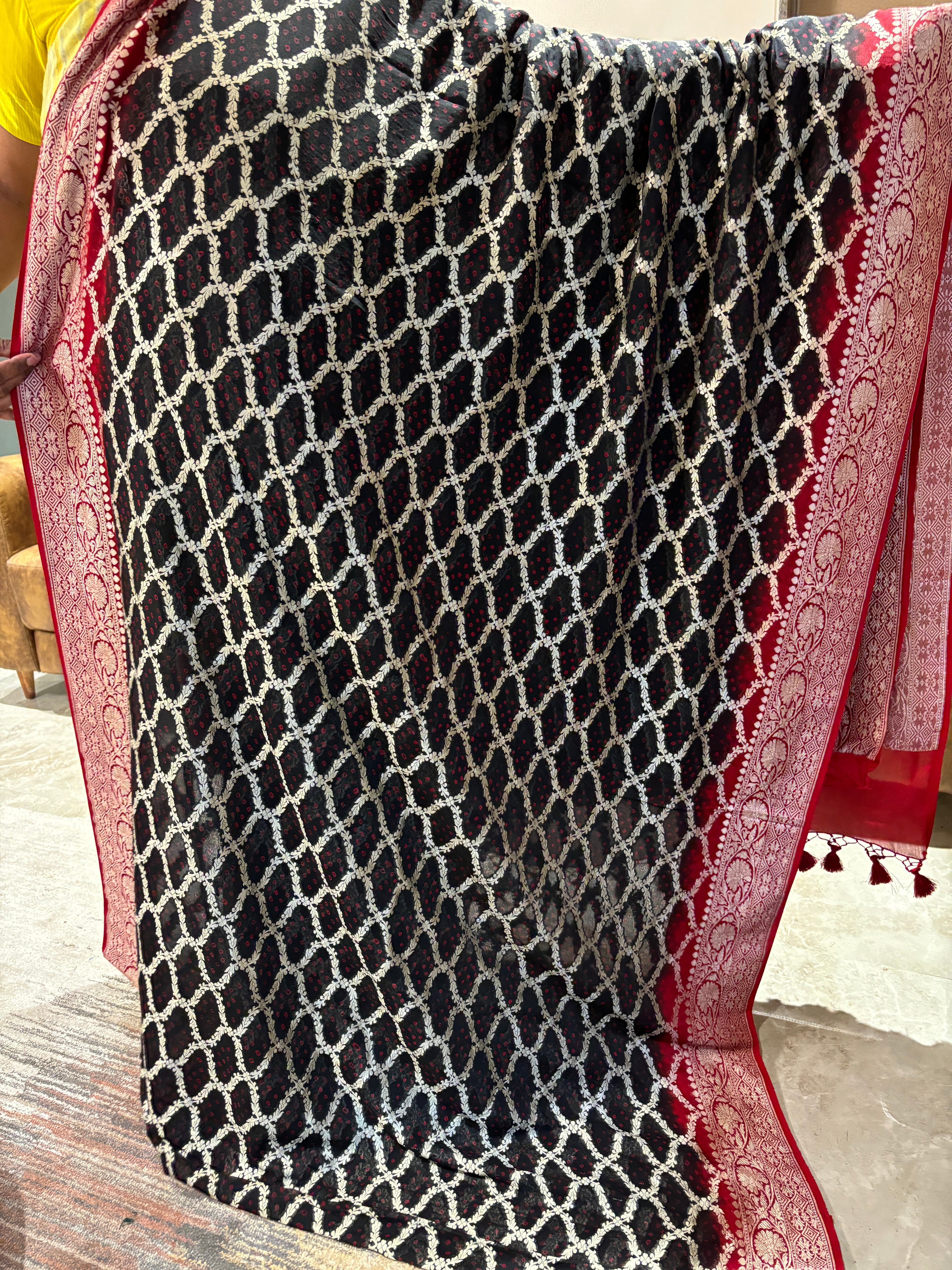 Pure khaddi georget black and maroon saree