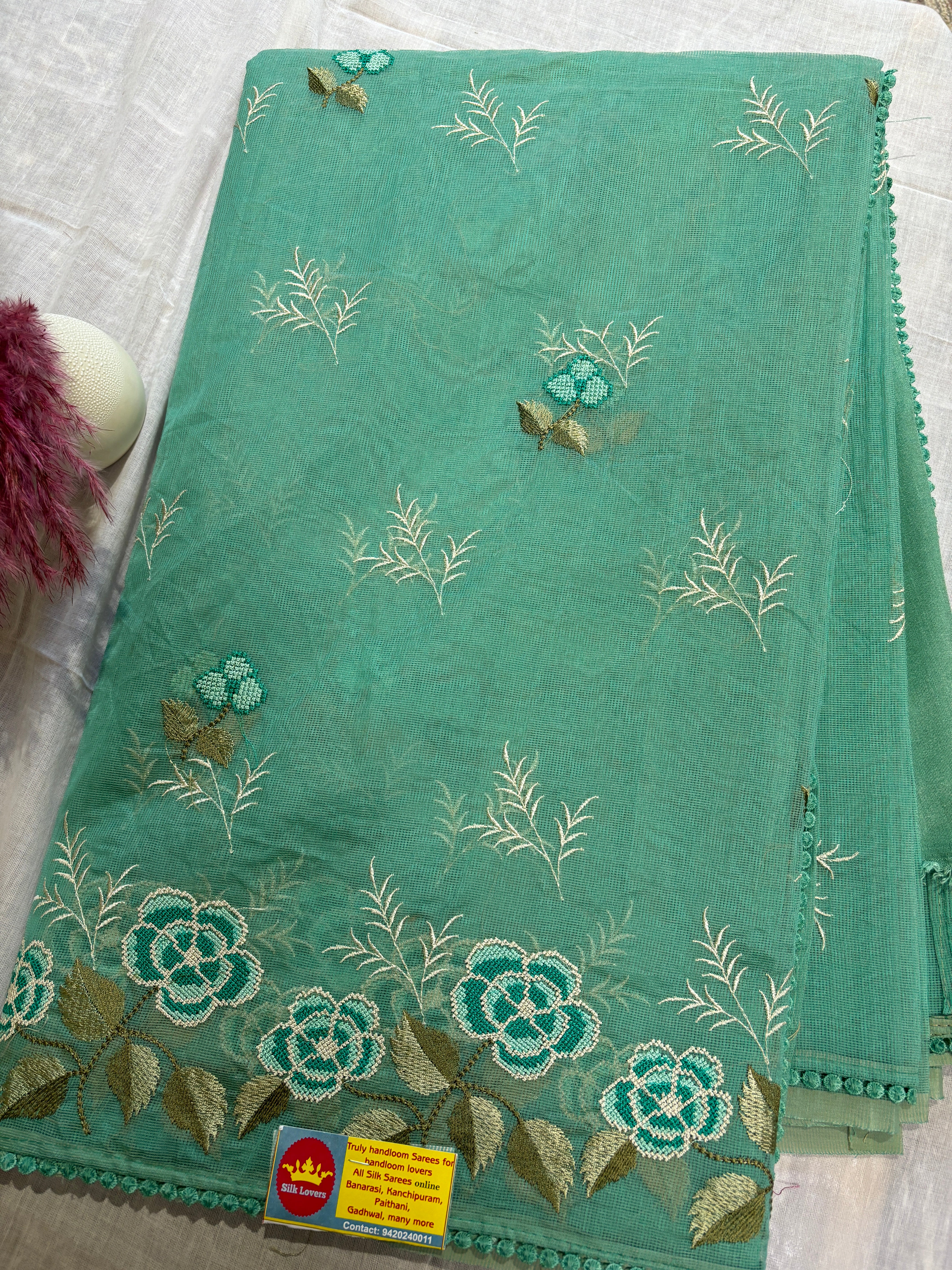 Pista green floral border embroidery Supernet saree