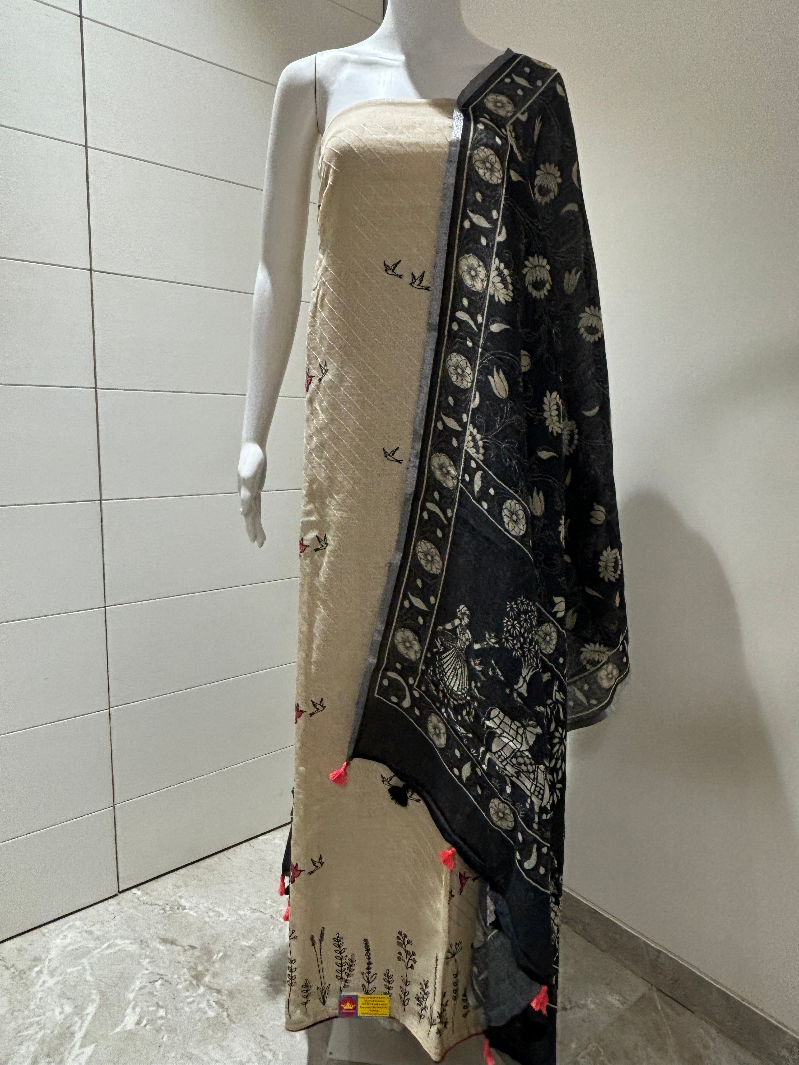 Beidge pure linen suit material with black dupatta