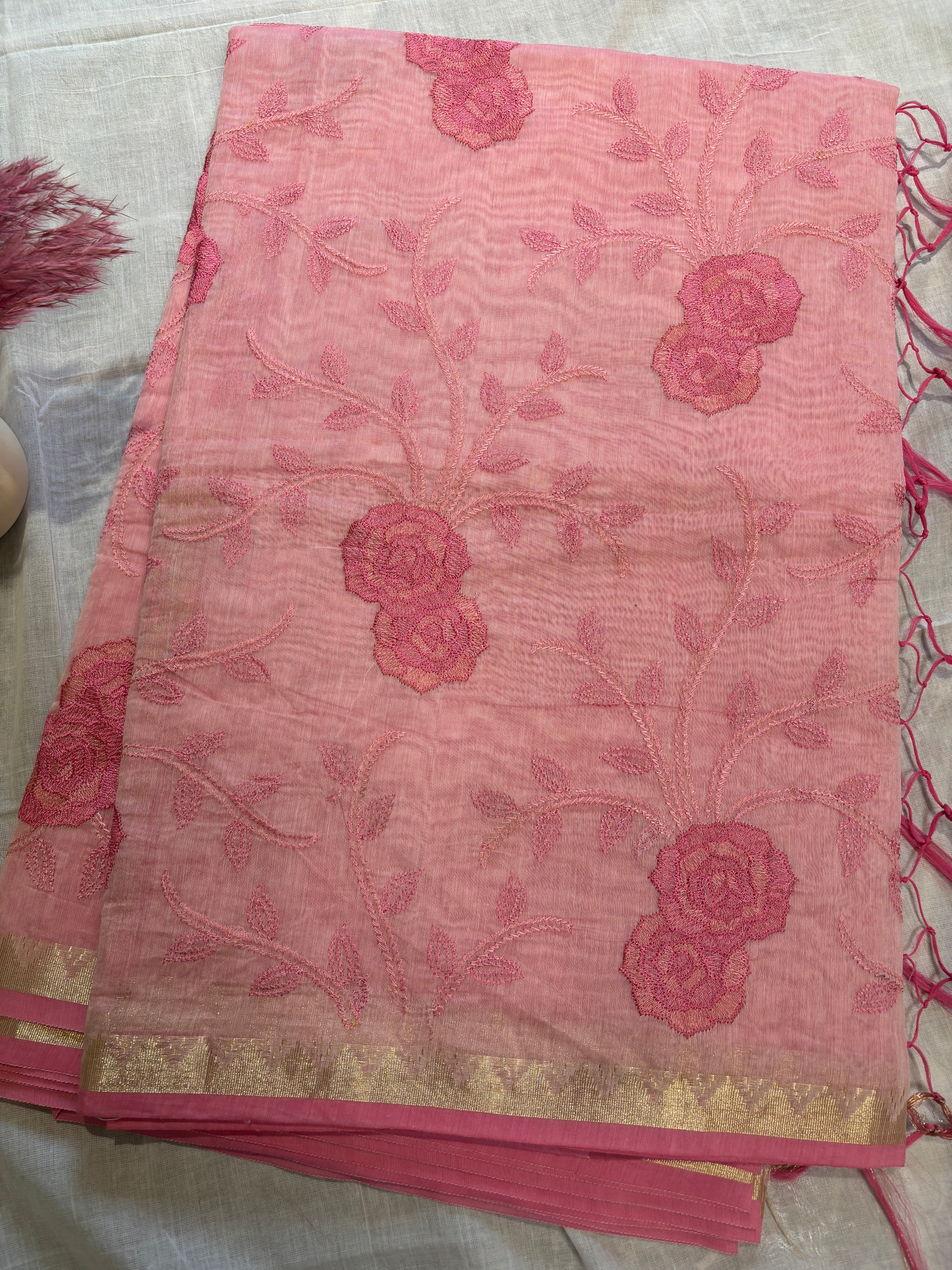 Baby pink Banarasi cotton saree