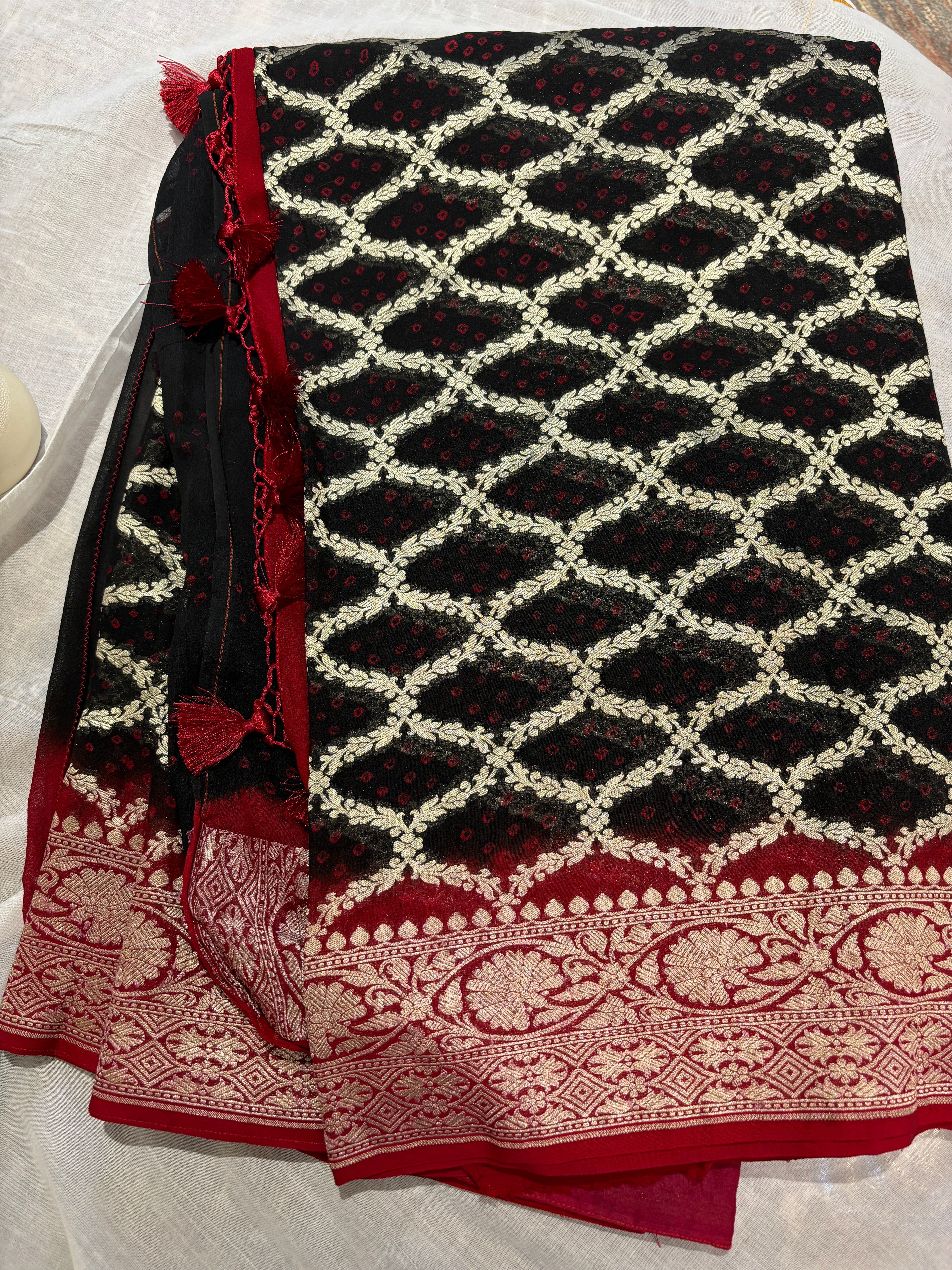 Pure khaddi georget black and maroon saree