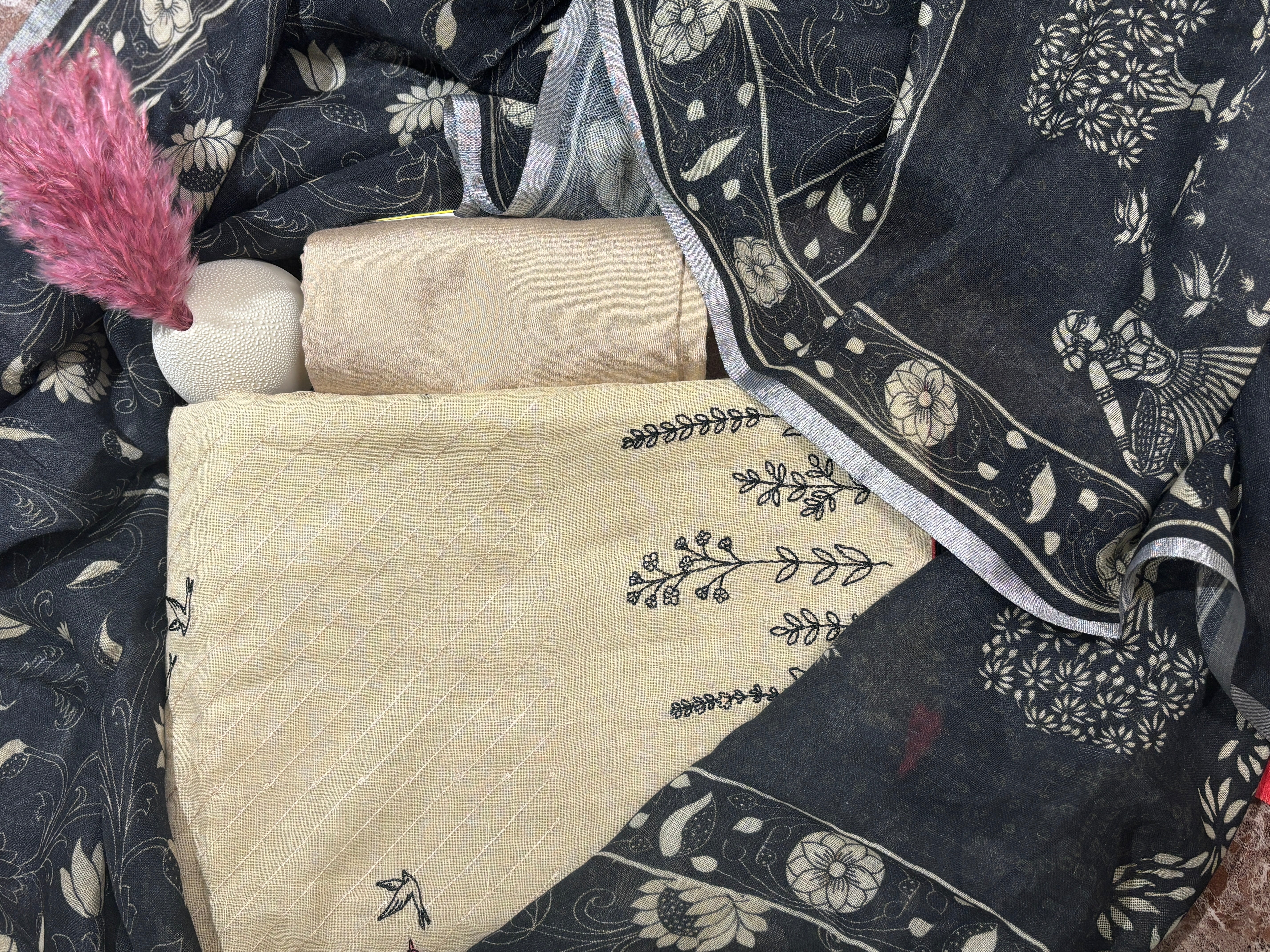 Beidge pure linen suit material with black dupatta