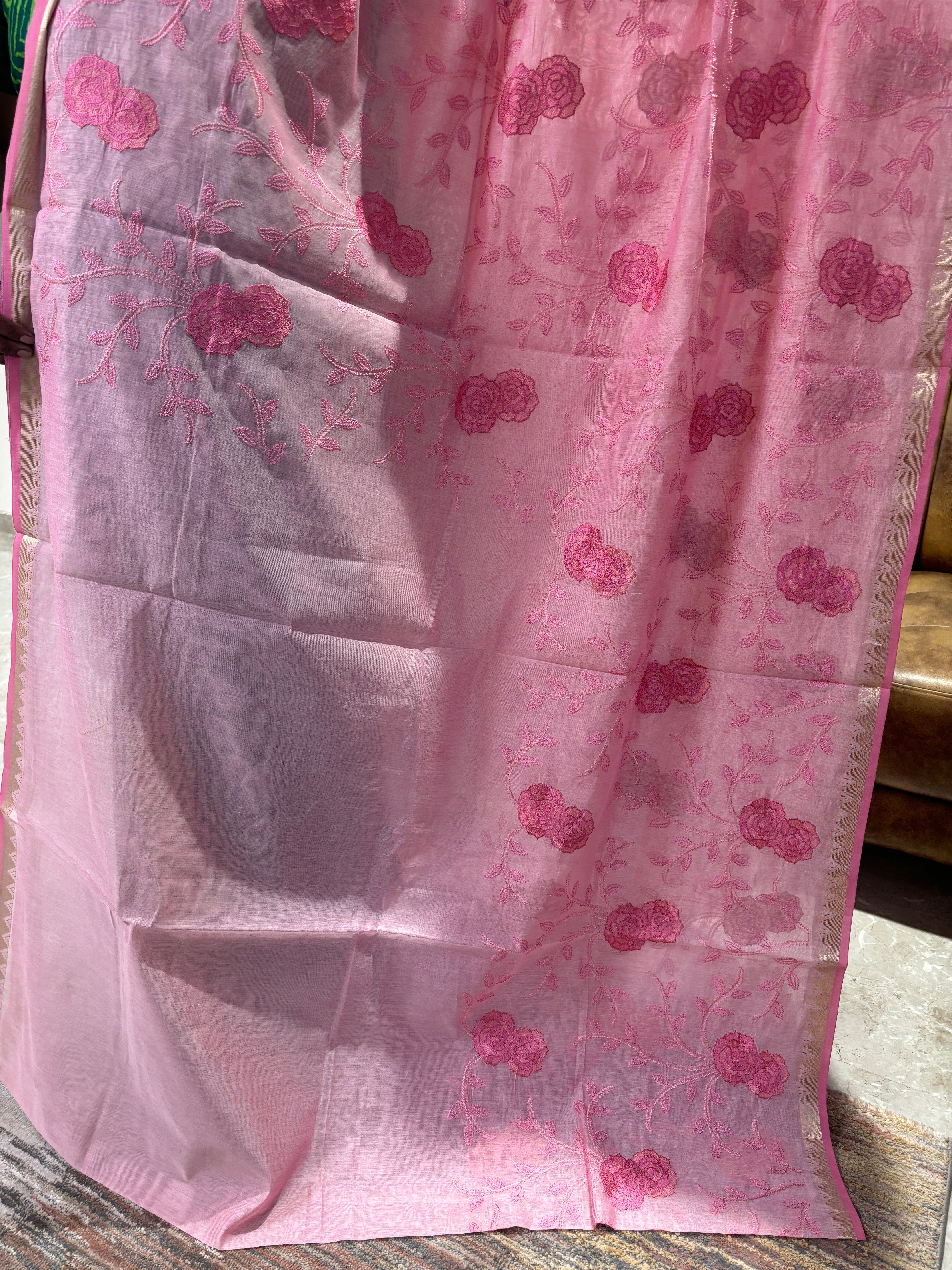 Baby pink Banarasi cotton saree