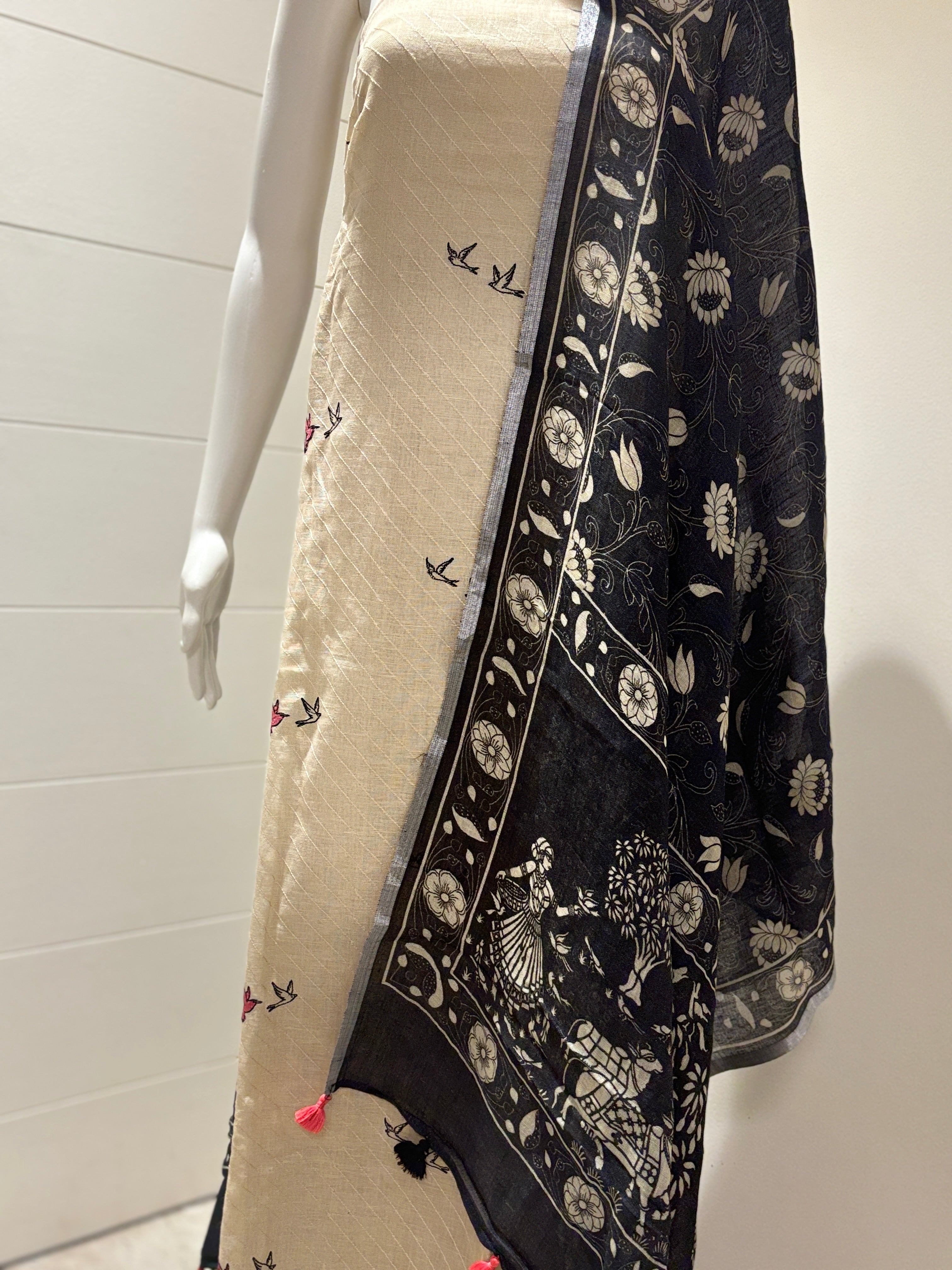 Beidge pure linen suit material with black dupatta