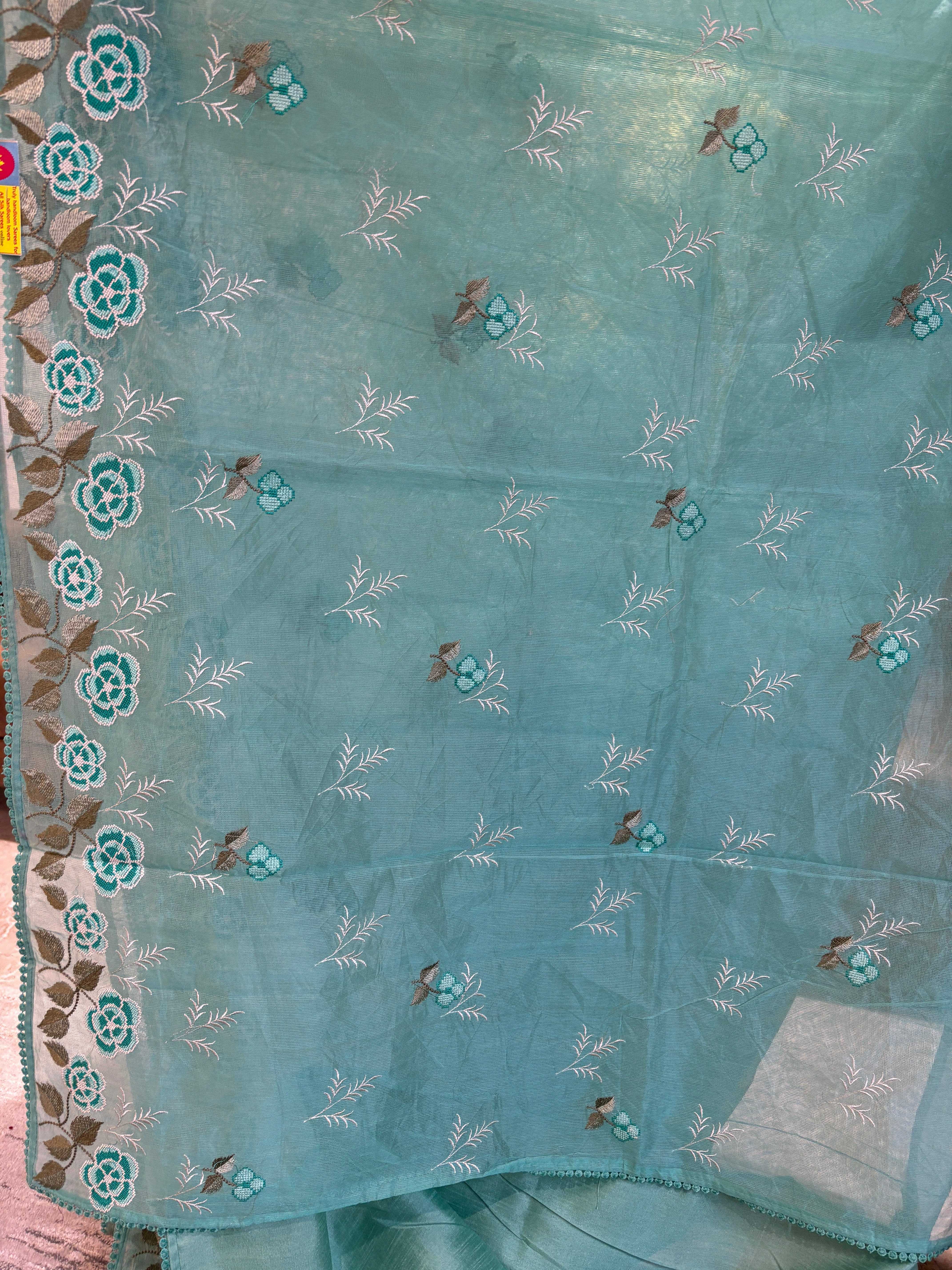 Pista green floral border embroidery Supernet saree